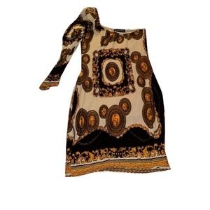 One Shoulder Dress Baroque Print Gold Black White Medallion‎ Pattern Party